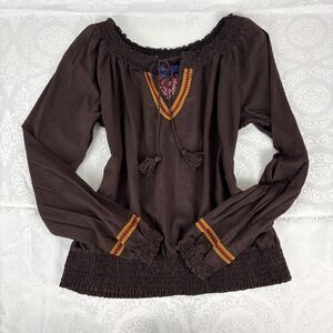 Boho Top Miley Cyrus Max Azria Brown Off Shoulder Cotton Embroidered Western XL